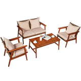 4 Pieces Acacia Wood Patio Rattan Furniture Set with Zippered Cushions-Brown