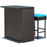 3PCS Patio Rattan Wicker Bar Table Stools Dining Set-Turquoise