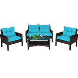 4 Pieces Outdoor Rattan Wicker Loveseat Furniture Set with Cushions-Turquoise