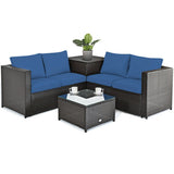 4 Pieces Outdoor Patio Rattan Furniture Set with Cushioned Loveseat and Storage Box-Navy