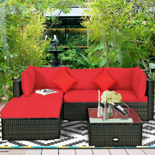 5 Pcs Outdoor Patio Rattan Furniture Set Sectional Conversation with Navy Cushions-Red