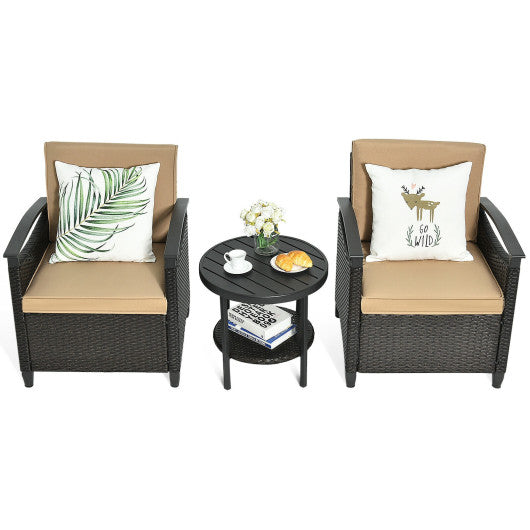 3 Pieces Patio Rattan Furniture Set Cushioned Sofa Storage Table with Shelf Garden