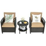 3 Pieces Patio Rattan Furniture Set Cushioned Sofa Storage Table with Shelf Garden