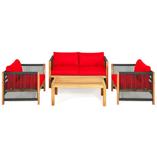 4 Pieces Acacia Wood Outdoor Patio Furniture Set with Cushions-Red