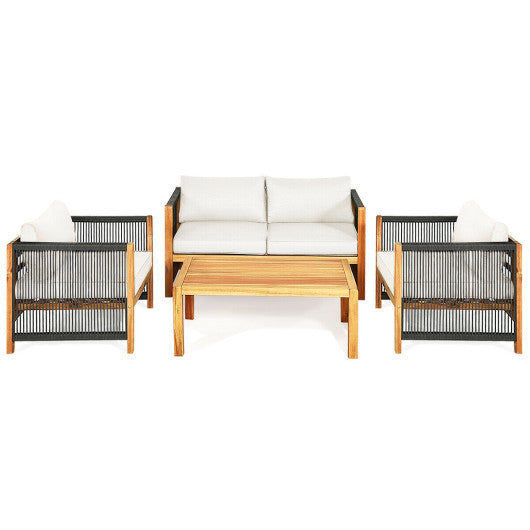 4 Pieces Acacia Wood Outdoor Patio Furniture Set with Cushions-White