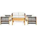 4 Pieces Acacia Wood Outdoor Patio Furniture Set with Cushions-White