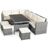 7 Pieces Patio Rattan Dining Furniture Sectional Sofa Set with Wicker Ottoman-Beige