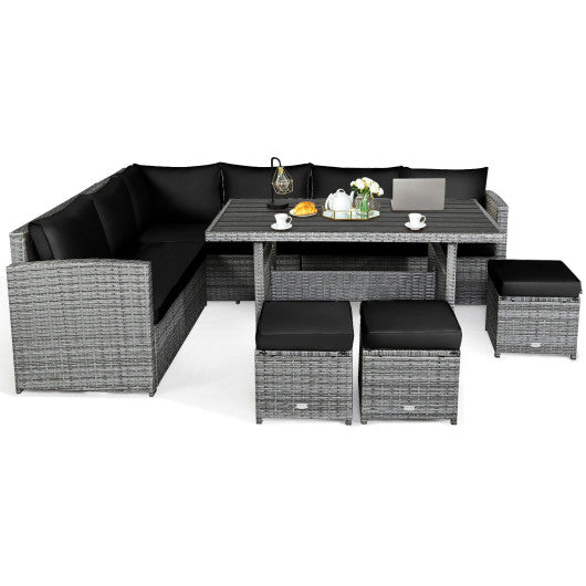 7 Pieces Patio Rattan Dining Furniture Sectional Sofa Set with Wicker Ottoman-Black