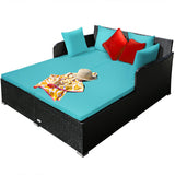 Spacious Outdoor Rattan Daybed with Upholstered Cushions and Pillows-Turquoise