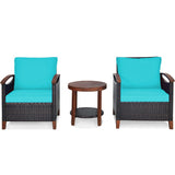 3 Pieces Patio Rattan Furniture Set with Washable Cushion and Acacia Wood Tabletop-Turquoise