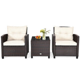 3 Pieces Patio Rattan Furniture Set Cushioned Conversation Set Coffee Table-White