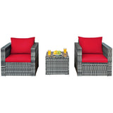 3 Pcs Patio Rattan Furniture Bistro Sofa Set with Cushioned-Red