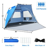 3-4 Person Easy Pop Up Beach Tent UPF 50+ Portable Sun Shelter-Blue