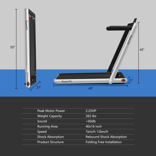 2-in-1 Electric Motorized Health and Fitness Folding Treadmill with Dual Display-Silver