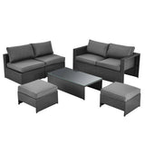 6 Pieces Patio Rattan Furniture Set with Glass Table and Cushioned Seat-Gray