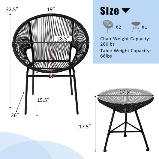 3PCS Patio Acapulco Furniture Bistro Set with GlassTable-Black