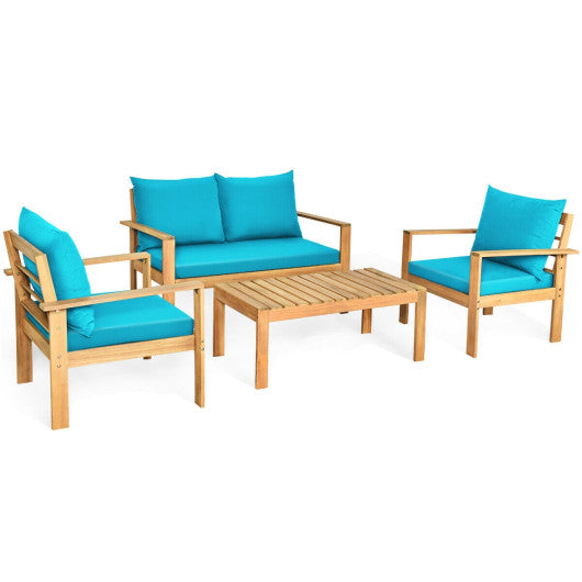 Outdoor 4 Pieces Acacia Wood Chat Set with Water Resistant Cushions-Turquoise