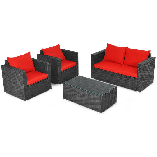 4 Pieces Patio Rattan Conversation Set with Cushions and Coffee Table-Red