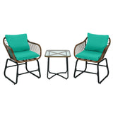 3 Pieces Patio Rattan Bistro Set Cushioned Chair Glass Table Deck-Turquoise