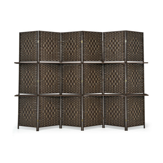 6 Panel Folding Weave Fiber Room Divider with 2 Display Shelves -Brown