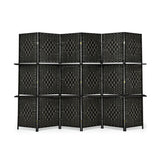 6 Panel Folding Weave Fiber Room Divider with 2 Display Shelves -Black