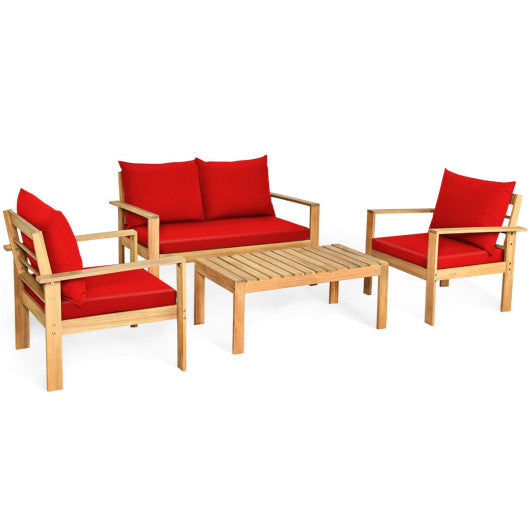 Outdoor 4 Pieces Acacia Wood Chat Set with Water Resistant Cushions-Red