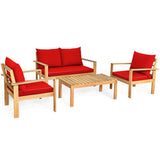 Outdoor 4 Pieces Acacia Wood Chat Set with Water Resistant Cushions-Red