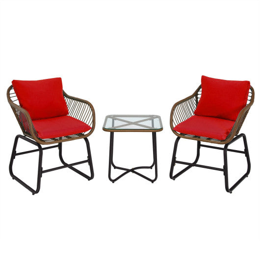 3 Pieces Patio Rattan Bistro Set Cushioned Chair Glass Table Deck-Red