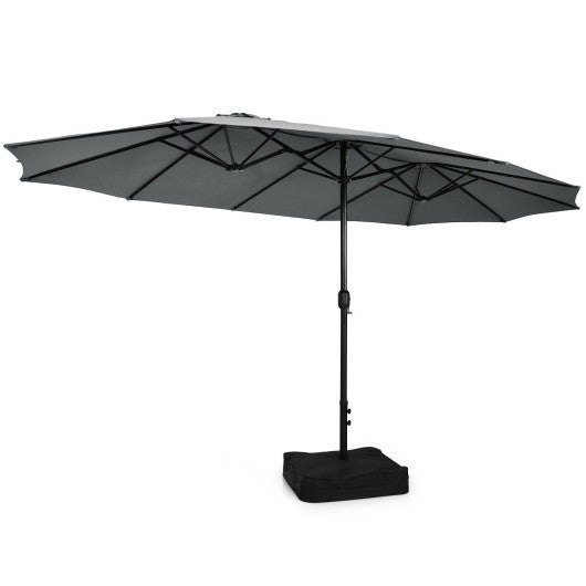 15 Feet Double-Sided Twin Patio Umbrella with Crank and Base-Gray