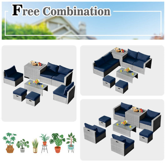 8 Pieces Patio Rattan Furniture Set with Storage Waterproof Cover and Cushion-Navy