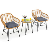 3 Pieces Rattan Furniture Set with Cushioned Chair Table-Gray