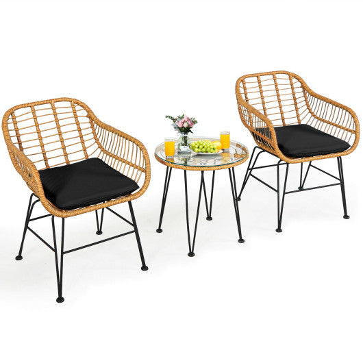 3 Pieces Rattan Furniture Set with Cushioned Chair Table-Black