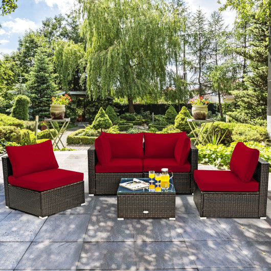 5 Pieces Cushioned Patio Rattan Furniture Set with Glass Table-Red