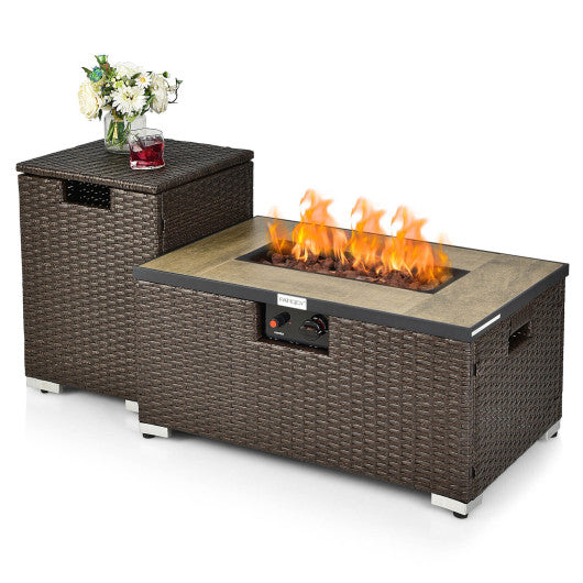 32 x 20 Inch Propane Rattan Fire Pit Table Set with Side Table Tank and Cover-Brown