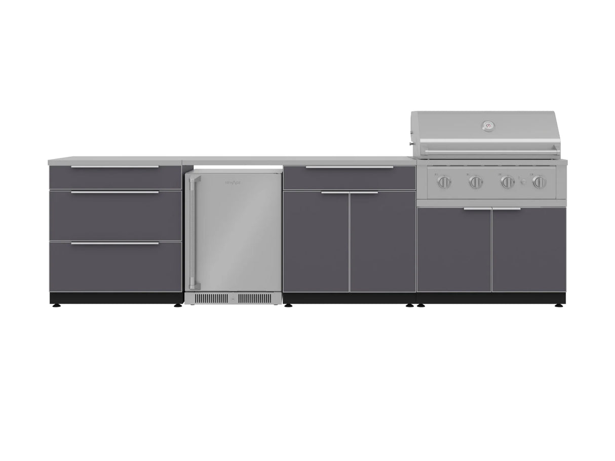 Outdoor Kitchen Aluminum 7 Piece Cabinet Set with 3-Drawer, Bar, Grill Cabinet, Performance Grill, Countertops and Stainless Steel Door Fridge