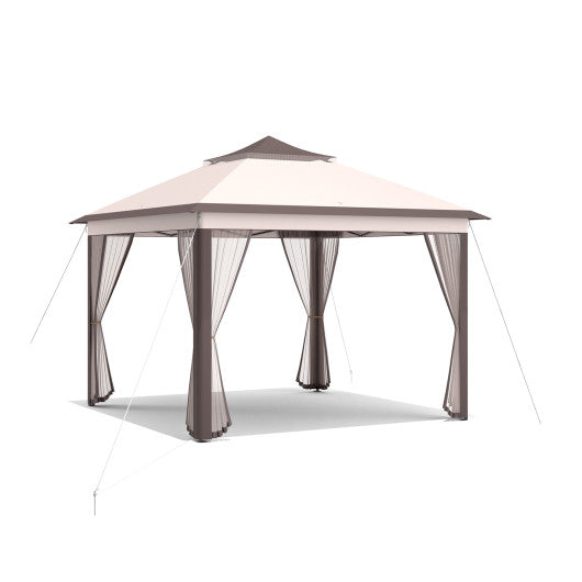 2-Tier Pop-Up Gazebo Tent Portable Canopy Shelter Carry Bag Mesh-Beige