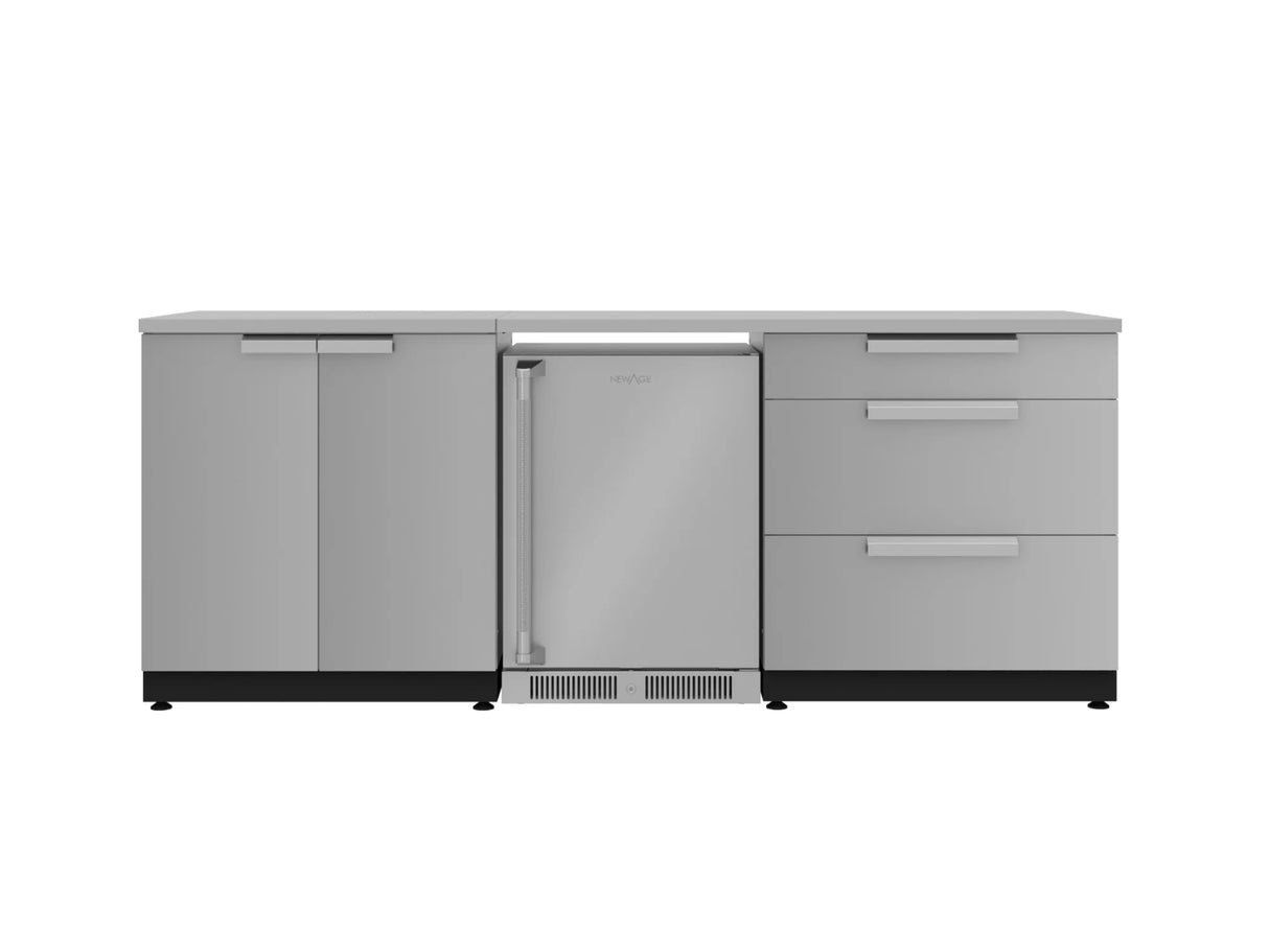 Outdoor Kitchen Stainless Steel 5 Piece Cabinet Set with 3-Drawer, 2-Door Cabinet, Countertops and Fridge