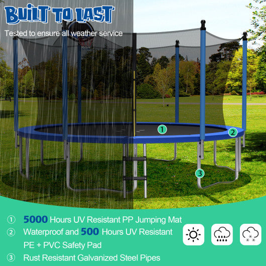 Outdoor Recreational Trampoline with Ladder and Enclosure Net-12 ft