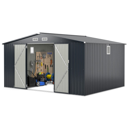 12 x 9.8 Feet Outdoor Storage Shed with Lockable Door and Pitched Roof-Gray