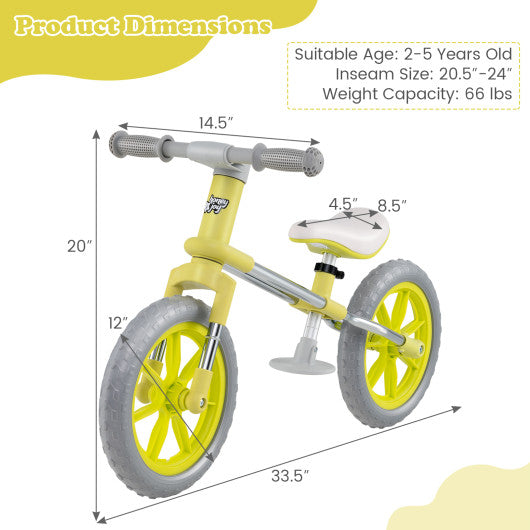 12 Inch Balance Bike with Adjustable Seat and Rotatable Handlebar-Green