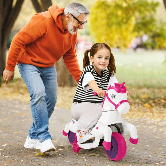 12V Unicorn Ride on Toy with Training Wheels and Horse Riding Mode-Rose Red