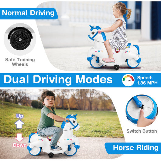 12V Unicorn Ride on Toy with Training Wheels and Horse Riding Mode-Navy
