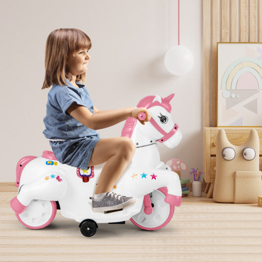 12V Unicorn Ride on Toy with Training Wheels and Horse Riding Mode-Pink