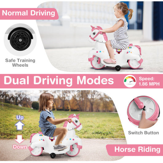12V Unicorn Ride on Toy with Training Wheels and Horse Riding Mode-Pink