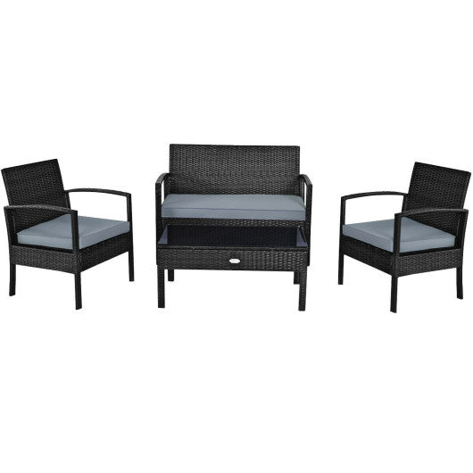 4 Pieces Patio Rattan Cushioned Furniture Set with Loveseat and Table-Black