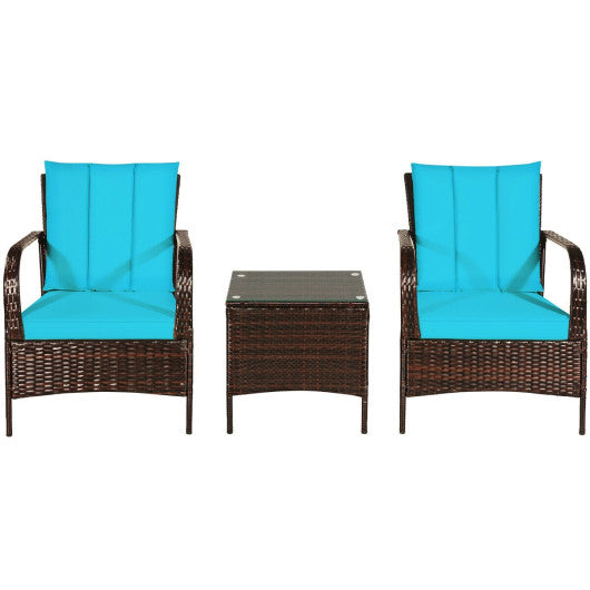 3 Pcs Patio Conversation Rattan Furniture Set with Glass Top Coffee Table and Cushions-Turquoise