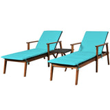 3 Pieces Portable Patio Cushioned Rattan Lounge Chair Set with Folding Table-Turquoise