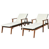 3 Pieces Portable Patio Cushioned Rattan Lounge Chair Set with Folding Table-White