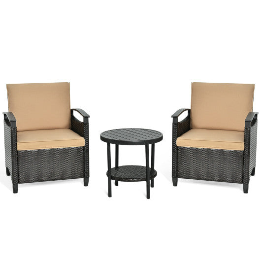 3 Pieces Patio Rattan Furniture Set Cushioned Sofa Storage Table with Shelf Garden