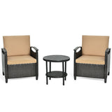 3 Pieces Patio Rattan Furniture Set Cushioned Sofa Storage Table with Shelf Garden